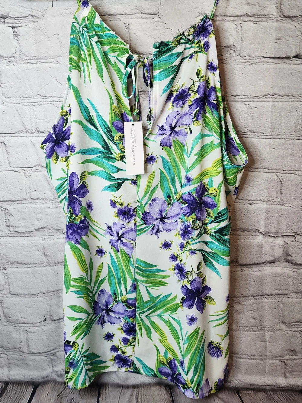 New York & Company White Halter Camisole with Purple Floral Print - Picture 3 of 7